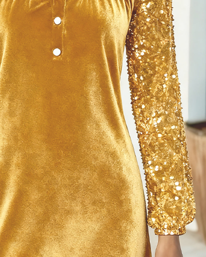 Kowalski™ | Świąteczna Sukienka z Aksamitnym Blaskiem i Cekinowymi Rękawami