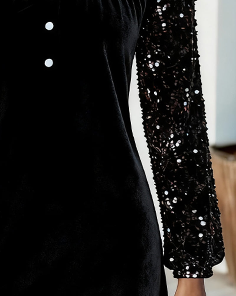 Kowalski™ | Świąteczna Sukienka z Aksamitnym Blaskiem i Cekinowymi Rękawami